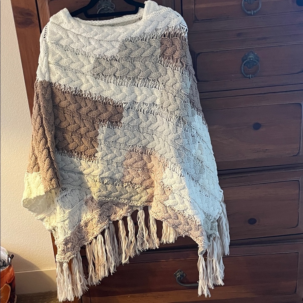 Free People Cream and Brown Fringe Poncho NWOT
